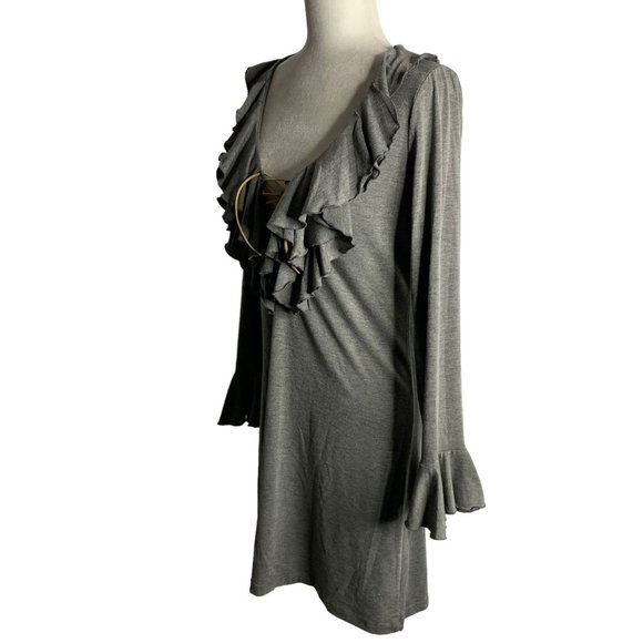Union of Angels Ruffle Front Sheath Dress M Grey Leather Lace Up Stretch Knit - Picture 3 of 6